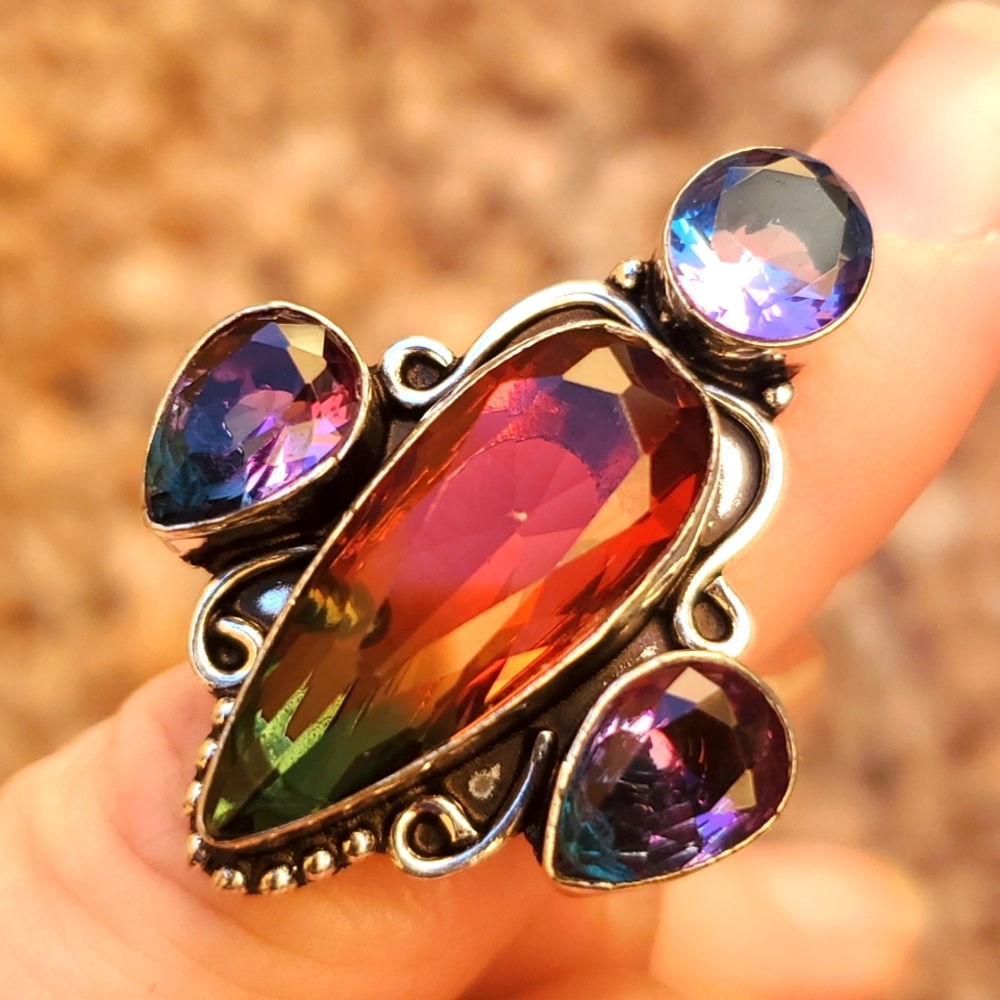 New Bi-Color Tourmaline 925 Silver Statement Ring.